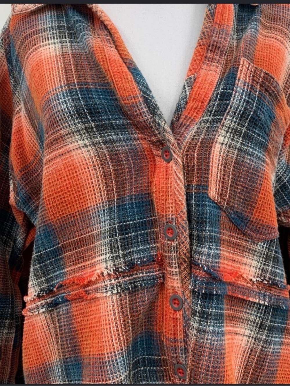 Free People Orange and Navy Plaid Waffle Button-Down